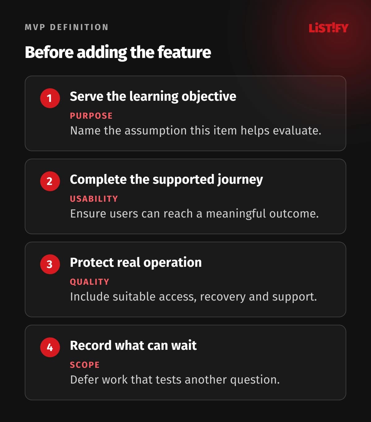 MVP scope checks: learning objective, complete journey, necessary controls and deferred features