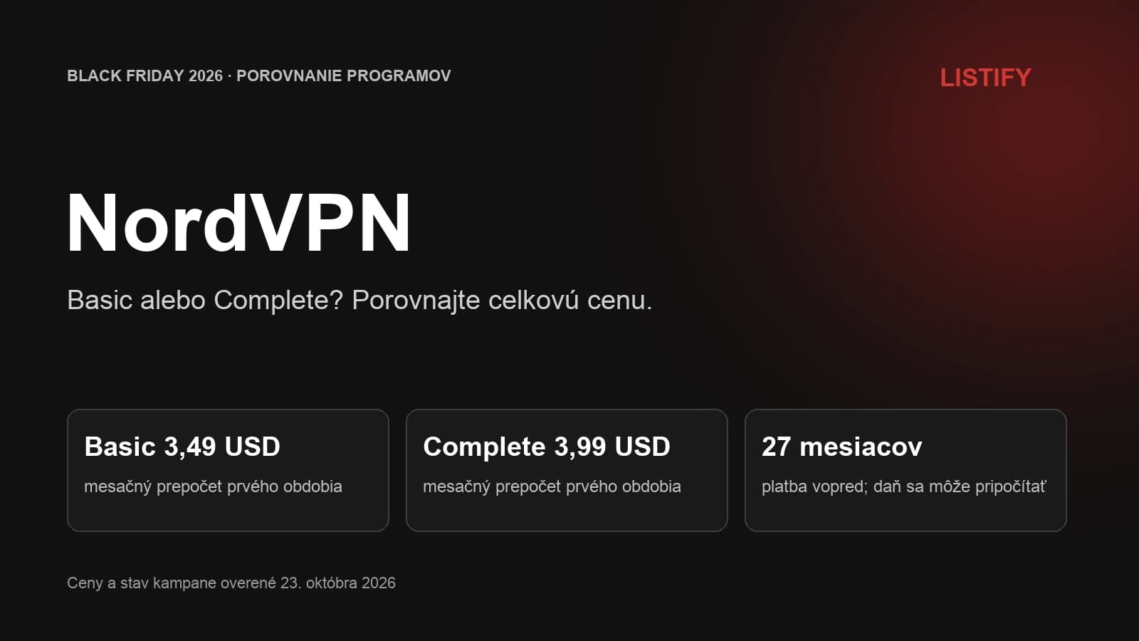 NordVPN Black Friday 2026: porovnanie balíkov Basic a Complete