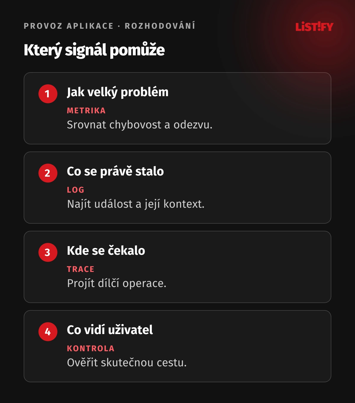 Rozdělení otázek mezi metriku, log, trace a kontrolu zvenčí