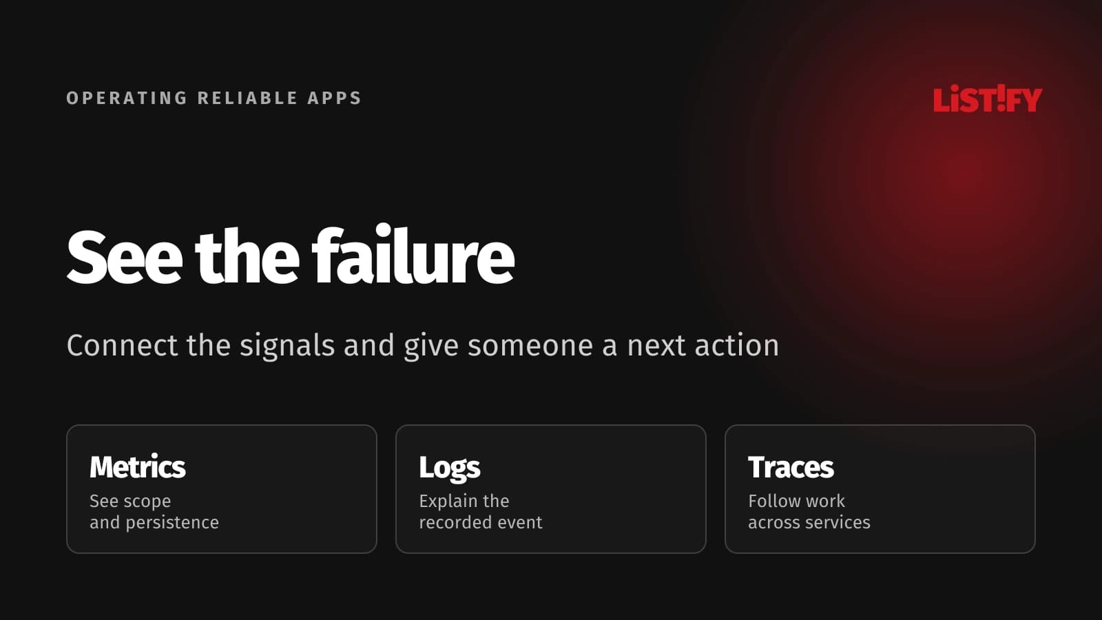 Observability linking metrics, logs and traces to diagnosis of a customer-facing failure