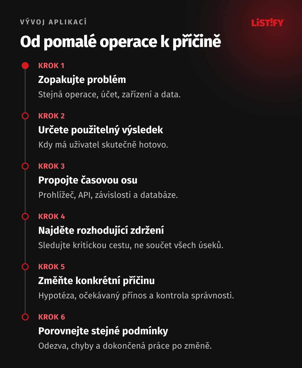 Diagnostika výkonu: zopakovat operaci, najít kritickou cestu, určit největší náklad, změnit příčinu a ověřit výsledek.