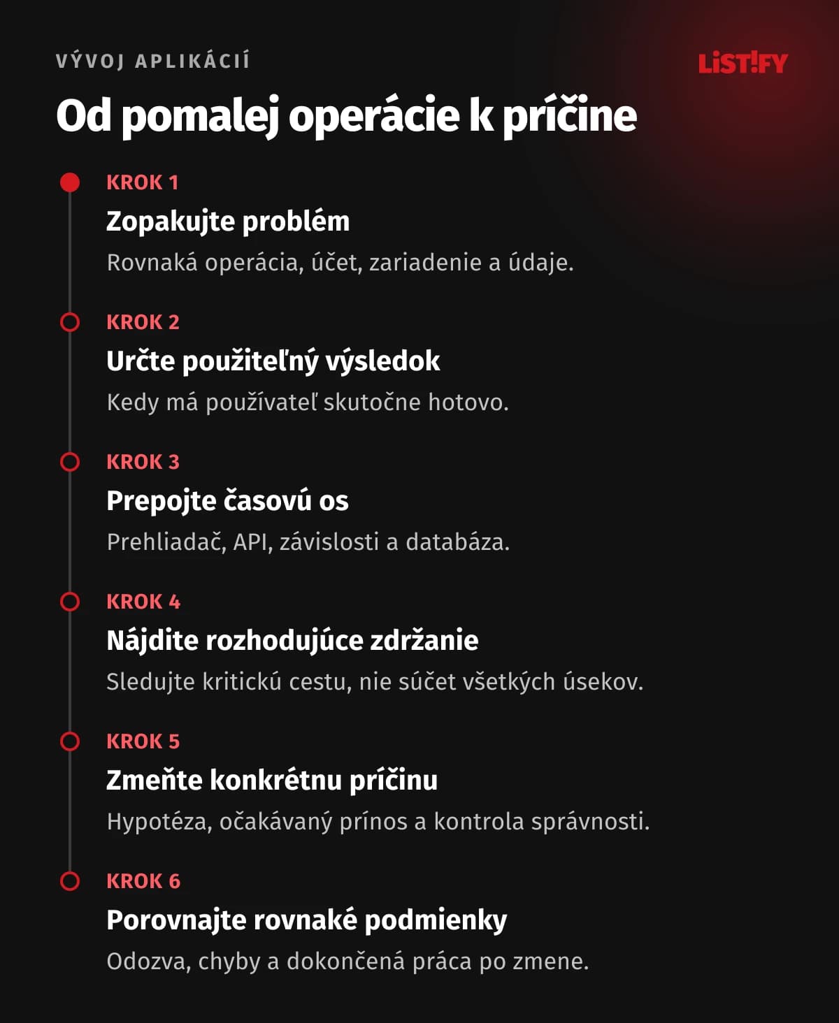 Diagnostika výkonu: zopakovať operáciu, nájsť kritickú cestu, určiť najväčší náklad, zmeniť príčinu a overiť výsledok.