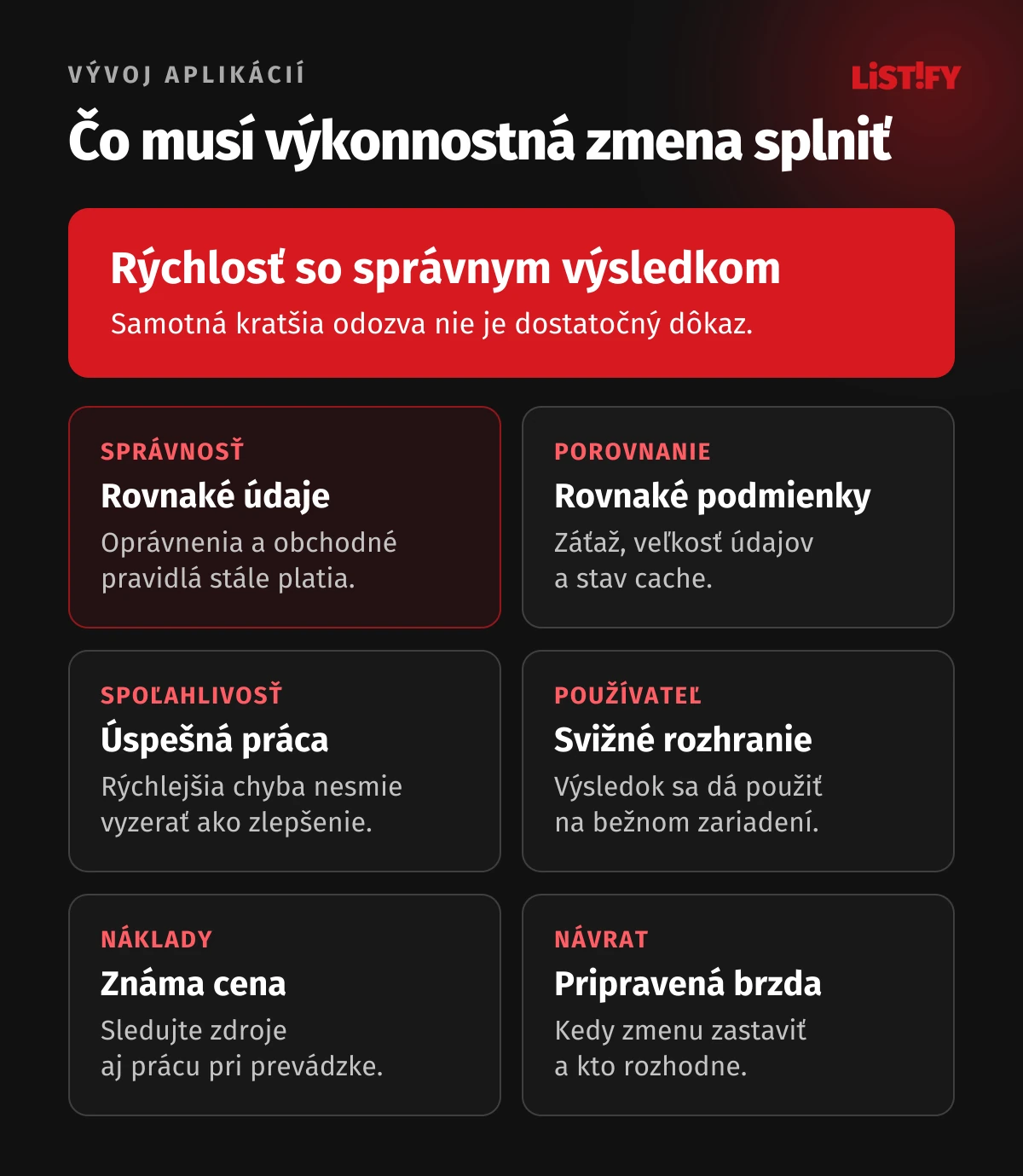 Kontrola výkonnostnej zmeny: správne údaje, porovnateľné meranie, úspešné operácie, svižné rozhranie, náklady a návrat zmeny.