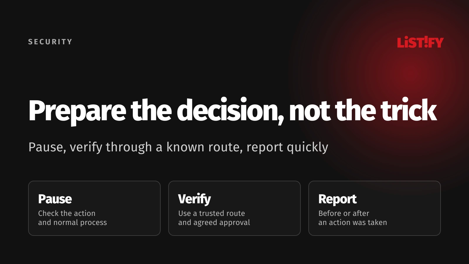 Employee phishing preparation organized around pausing, verifying through a known route, and reporting quickly