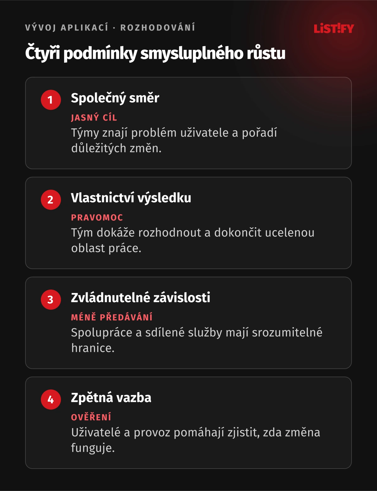 Čtyři podmínky růstu produktového týmu: společný směr, vlastnictví výsledku, zvládnutelné závislosti a zpětná vazba uživatelů