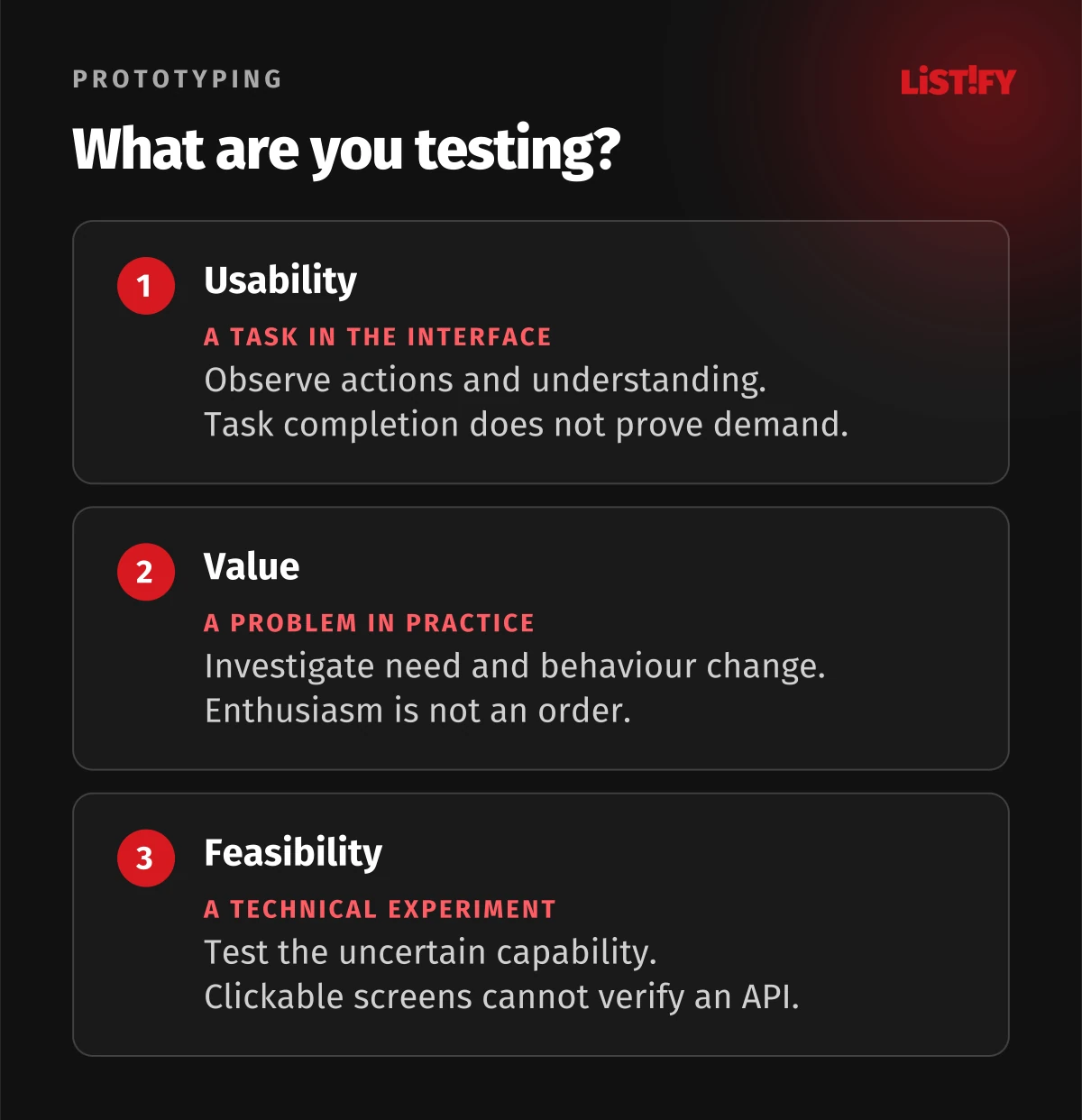 Three separate questions: observe usability through a task, investigate value in context and test technology through its own experiment.