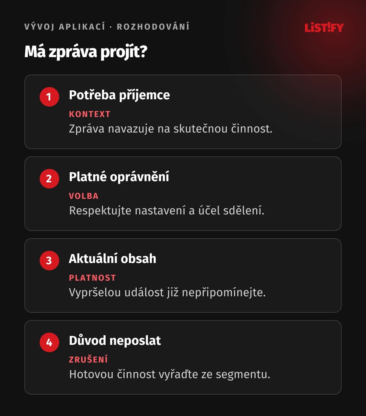 Čtyři kontroly push kampaně: potřeba, oprávnění, platnost a zrušení zprávy