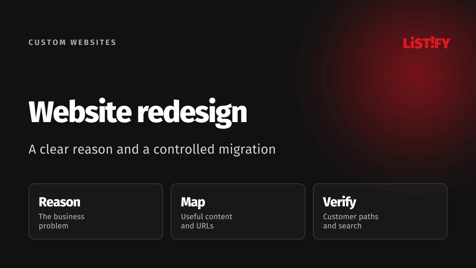 Website redesign planning connecting a clear business reason, URL migration, and post-launch verification