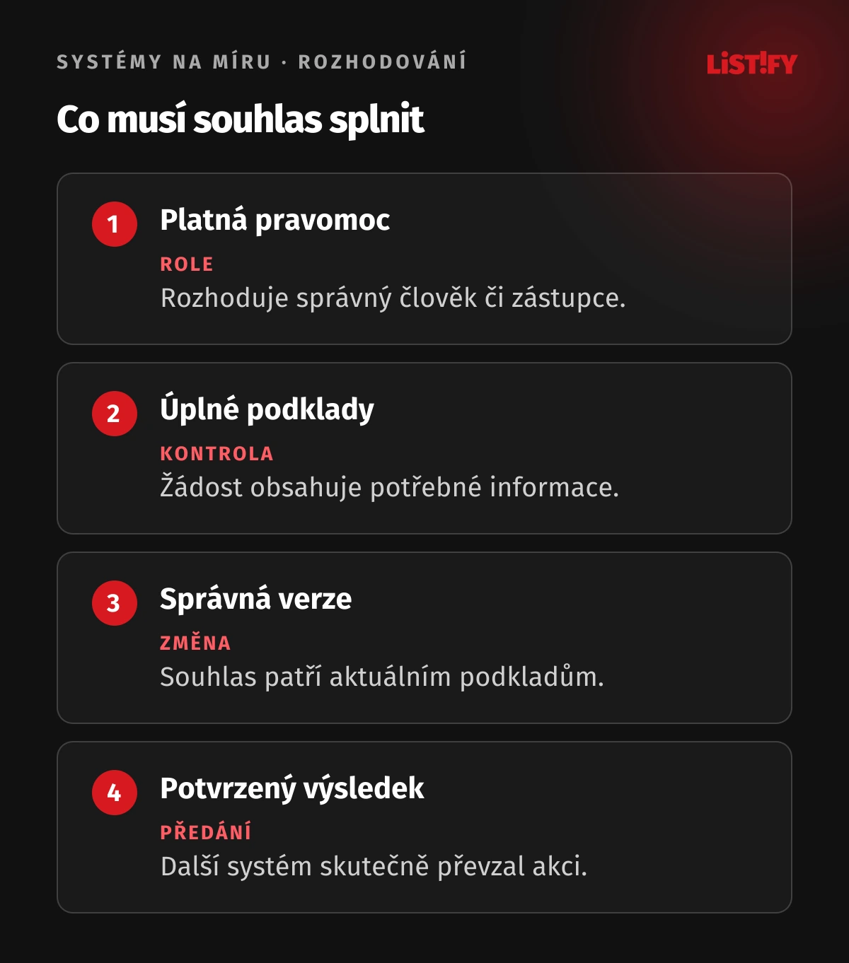Čtyři podmínky schválení: pravomoc, úplné podklady, správná verze a dohledatelný výsledek