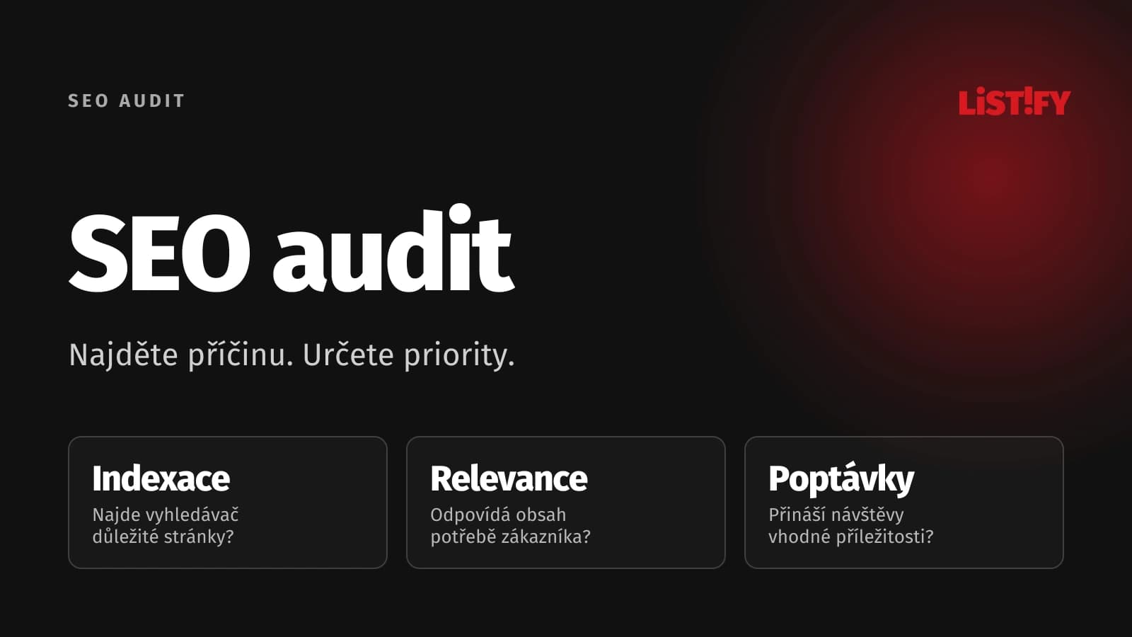 SEO audit rozdělený na indexaci, relevanci a poptávky. Cílem je najít příčinu a určit pořadí oprav.