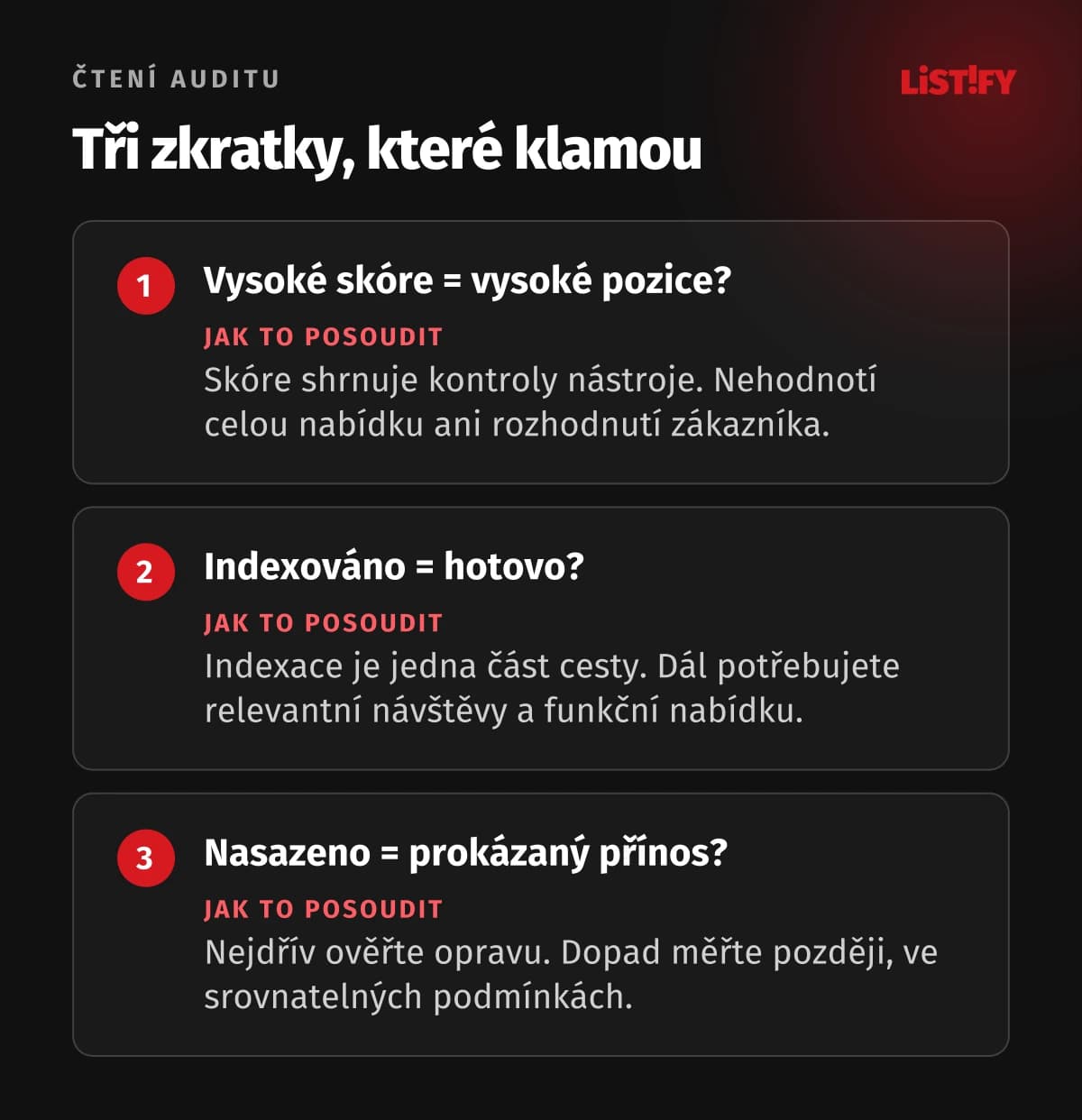 Tři omyly při čtení auditu: skóre neurčuje pořadí, indexace není obchodní výsledek a oprava není potvrzený přínos.