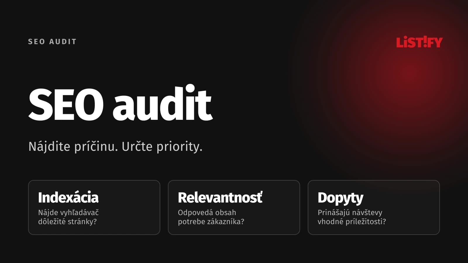 SEO audit rozdelený na indexáciu, relevantnosť a dopyty. Cieľom je nájsť príčinu a určiť poradie opráv.
