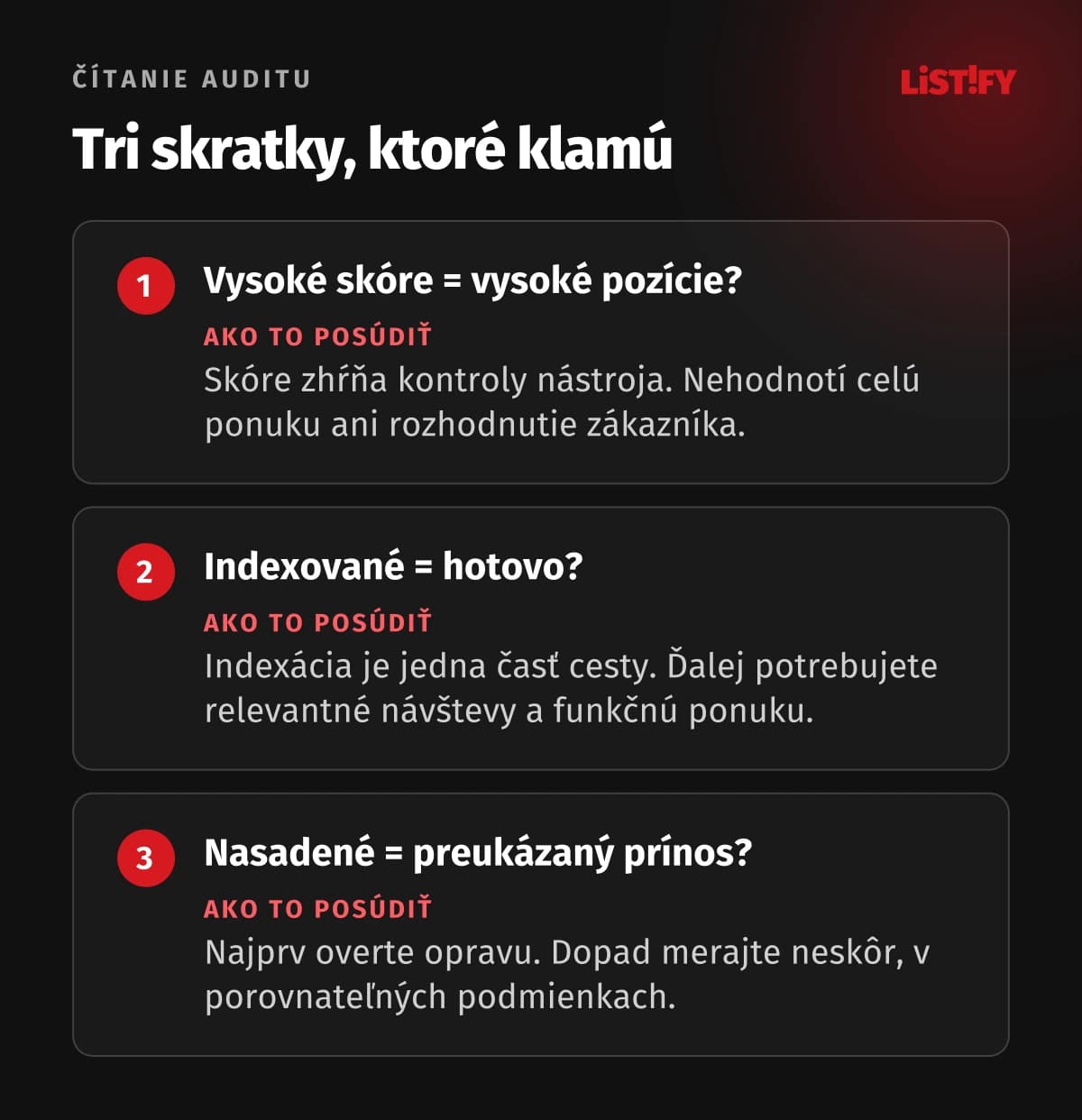 Tri omyly pri čítaní auditu: skóre neurčuje poradie, indexácia nie je obchodný výsledok a oprava nie je potvrdený prínos.