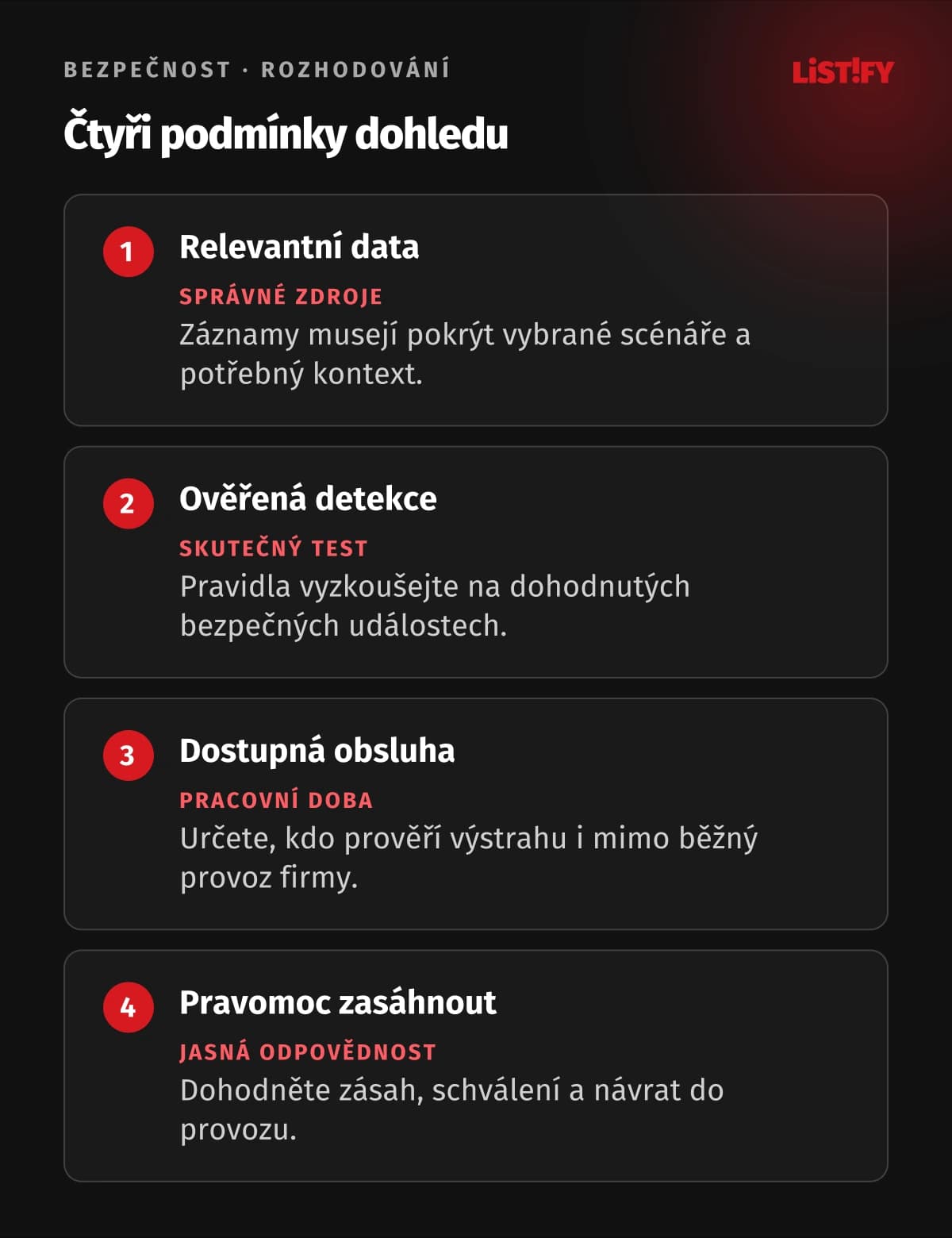 Čtyři podmínky fungujícího bezpečnostního dohledu: relevantní data, ověřená detekce, dostupná obsluha a pravomoc zasáhnout