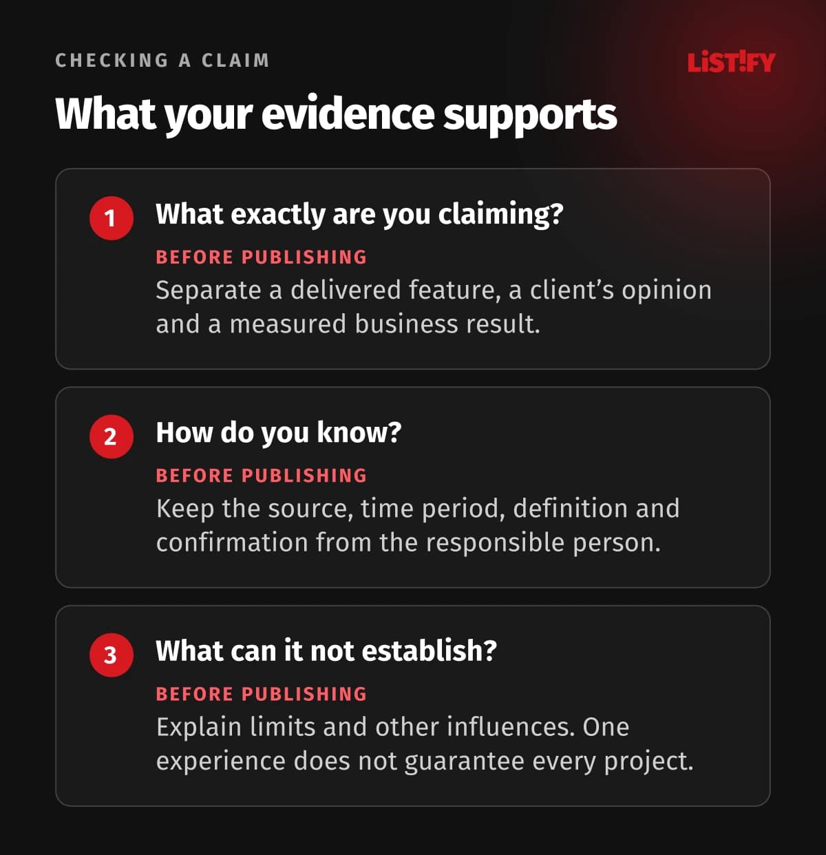 Three checks for a result: what the claim means, where the evidence comes from and what it cannot establish.