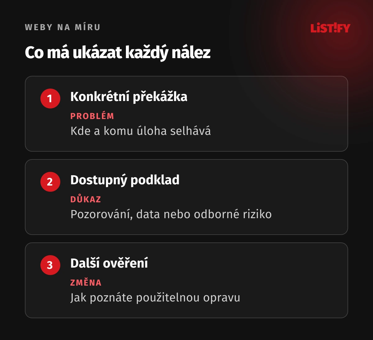 Tři úrovně závěru UX auditu: nalezený problém, podklad a navržené ověření
