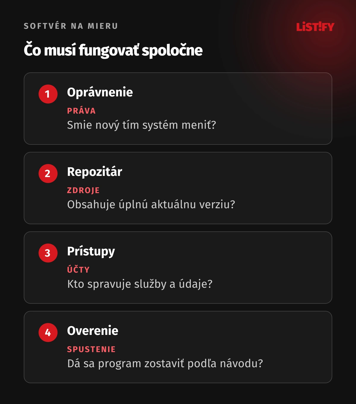 Štyri podmienky samostatnej správy softvéru: práva, zdroje, účty a spustiteľnosť.